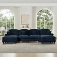 thumbnail image 4 of Newest Classic U Shape 4 Seater Modular Sectional Sofa Couch,Flared Arms,Removable Ruffles Pleats Skirts,Spindle Legs, Chenille Deep Seat Cloud Sofa,Movable Ottomans, Blue, 4 of 20
