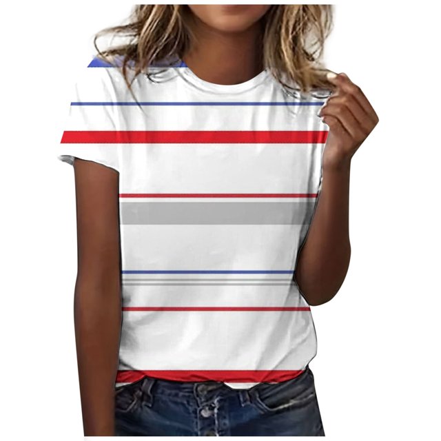 Womens T Shirts Classic Versatile Short Sleeved Solid Stripe Leopard Camo Color Block Round Neck Womens Shirt Red S