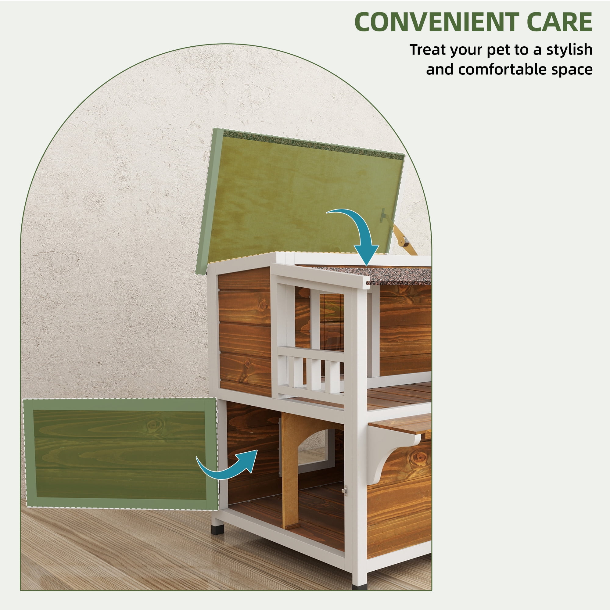 Uforic Two Story Outdoor Cat House, Cat Shelter Weatherproof Wooden Cat House with Balcony - Brown