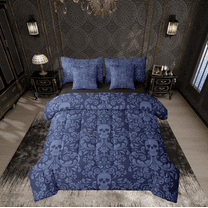 Damask Gothic Bedding Set Adults Antique Victorian Bed in a Bag King Size Comforter Set 7 Pieces,Dark Blue Sugar Skull Sheet Set Vintage Floral Goth Bed Set,Exotic Bone Skeleton Bohemian Decor