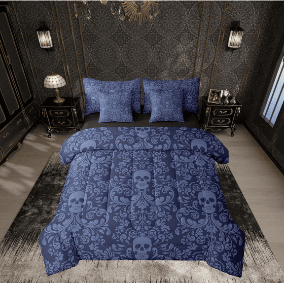 Damask Gothic Bedding Set Adults Antique Victorian Bed in a Bag King Size Comforter Set 7 Pieces,Dark Blue Sugar Skull Sheet Set Vintage Floral Goth Bed Set,Exotic Bone Skeleton Bohemian Decor