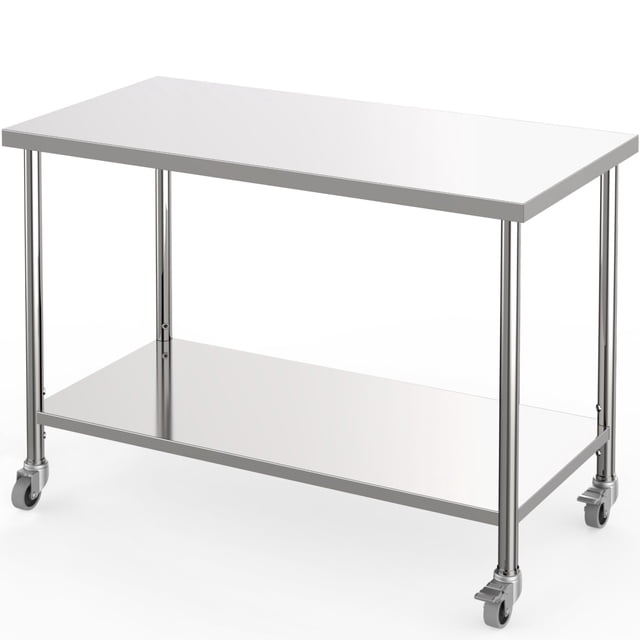 Table de Travail en Acier Inoxydable 48"x24"x35 Pouces, Table de Préparation Robuste Certifiée NSF avec Tablette Inférieure Réglable et Roulettes Verrouillables, Tables Métalliques Commerciales pour Cuisine, Restaurant, Maison, Hôtel, Poste de Travail