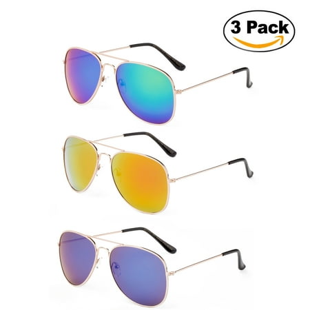 Serengeti Classic Sunglasses - Newbee Fashion - 2 Pack & 3 Pack Classic Aviator Sunglasses Flash Full Mirror lenses Metal Frame for Men Women UV Protection