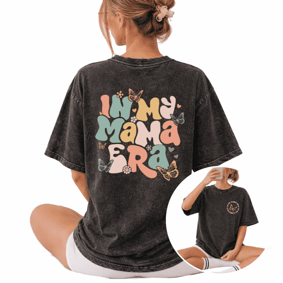 Retro Coquette In My Mama Era Butterfly Wash Print Tshirt S-2XL Vintage Black Graphic Tees Gift Shirts for Girly Mom Tops