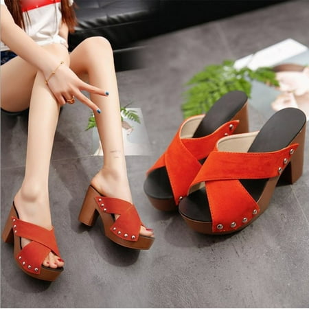 

Women Cross Strap Heel Thick High-Heeled Flip Flop Open Toe