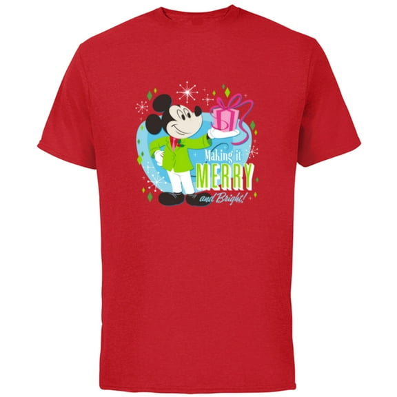Disney Mickey Mouse Merry and Bright Holiday - Short Sleeve Cotton T-Shirt for Adults - Customized-Red