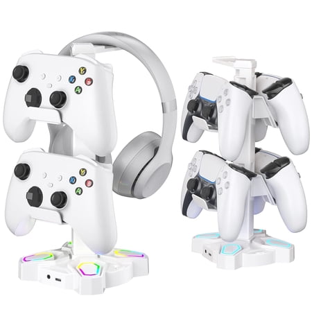 Gaming Headphones Stand Rotatable Headset Stand with Light Modes – Controller Holder with 2 USB Charging Ports and 3.5mm – Earphone Hanger Accessories for Desktop Gamer(White) Gaming Headphones Stand Rotatable Headset Stand with Light Modes – Controller Holder with 2 USB Charging Ports and 3.5mm – Earphone Hanger Accessories for Desktop Gamer(White)