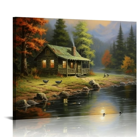 JRXY  Canvas Painting - Village Prints Pictures Farmhouse Mountain Lake Nature Wall Art for Living Room Bedroom Decor 20x16in