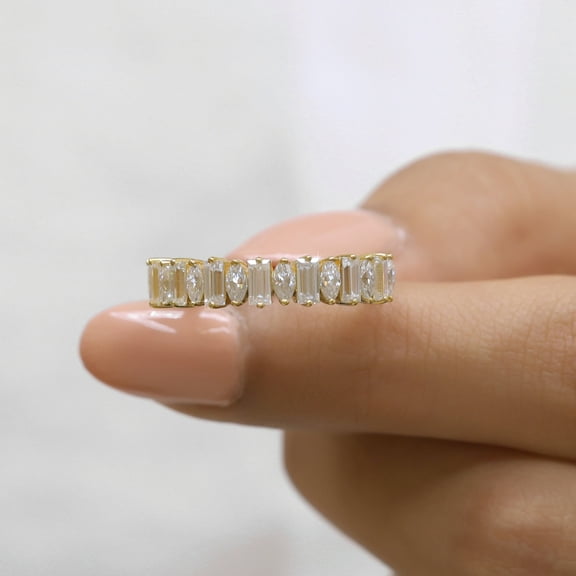 Jewelegant Baguette and Marquise Cut Moissanite Wedding Band - 1.55 TW Moissanite Half Eternity Anniversary Ring - Stackable Bridal Wedding Band