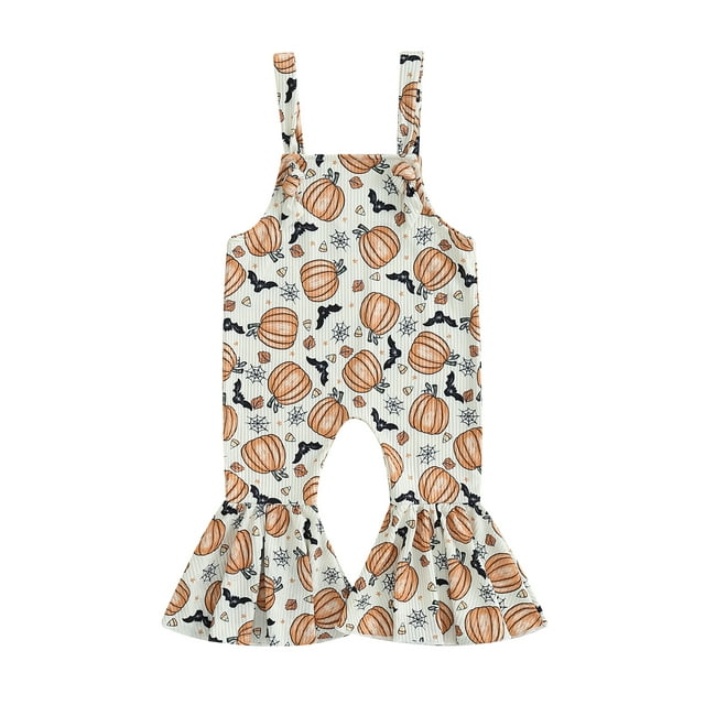 Fortune Combinaisons d'Halloween pour Bébé Fille Imprimé Citrouille Spider Web Pantalon Évasé Sans Manches