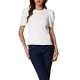 thumbnail image 2 of Blusa casual de verano para mujer con mangas cortas abullonadas y cuello redondo M blanca, 2 of 6