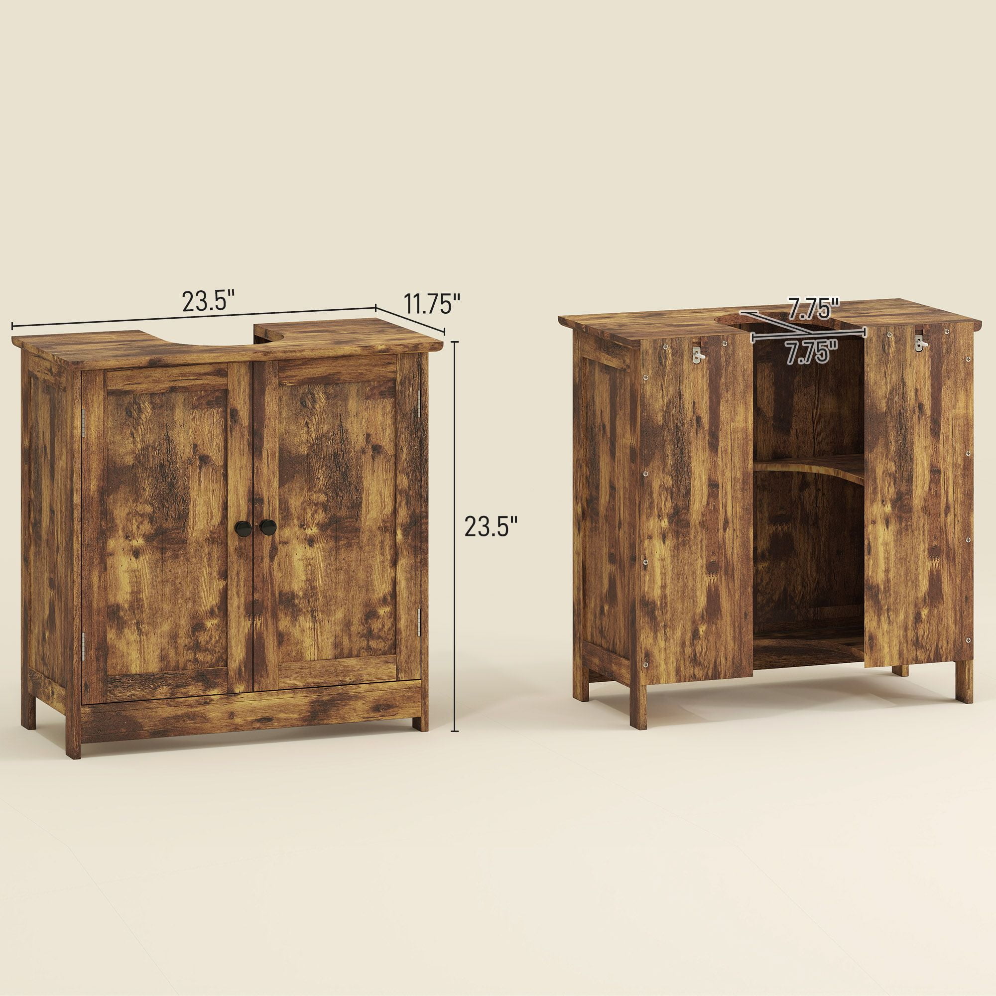 Bathroom Vanity Cabinet, Under Sink Organizer with Doors, Adjustable Shelf, Rustic Brown - Space Saving Bathroom Storage