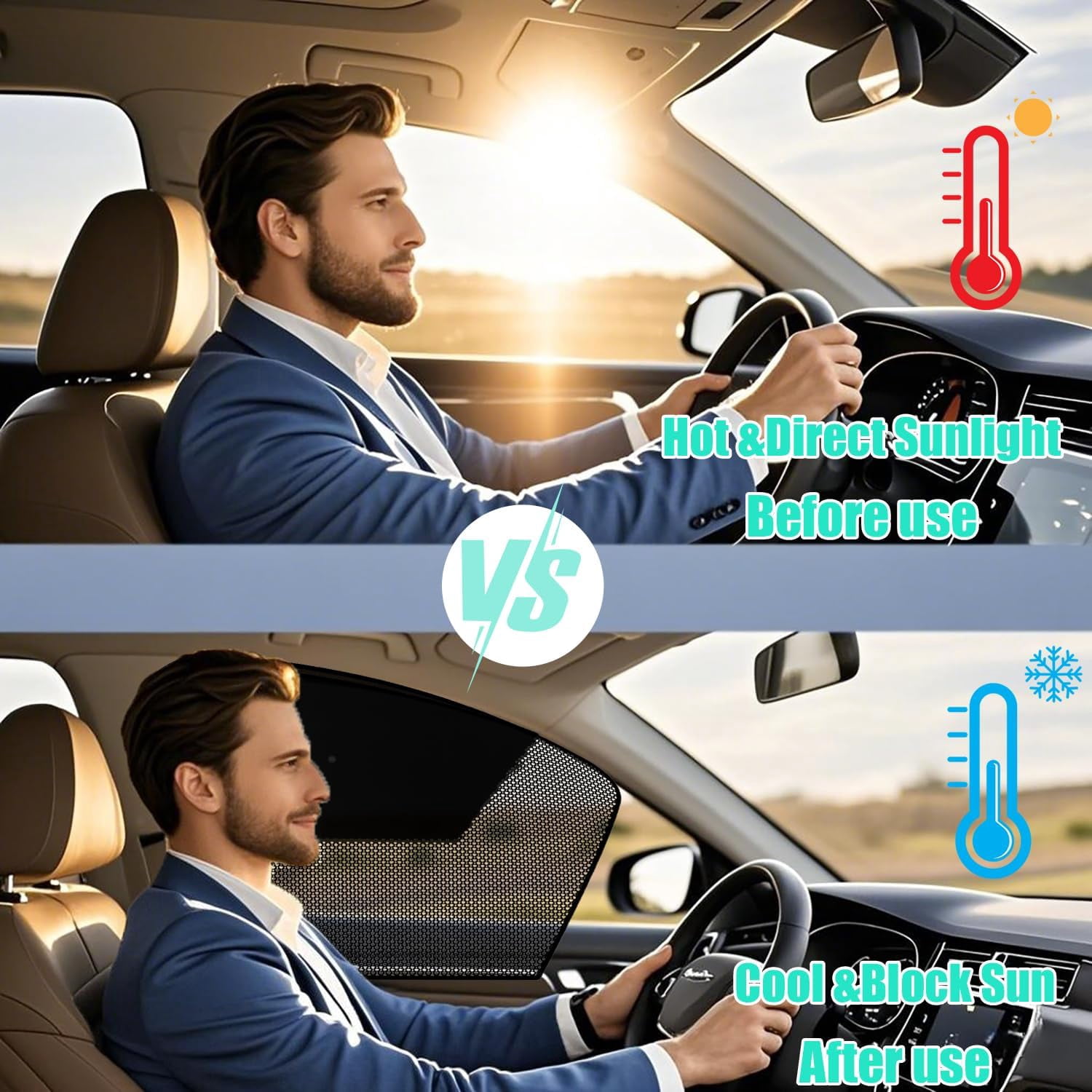 Car Window Covers, Magnetic Car Front Side Window Shade, 2 Pack Front Seat Side Window Covers with Half Shade, Front Window Covers for Driver, Double Layer Mesh Sun Block UV Protection Covers