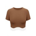 thumbnail image 4 of Xuanfei Women Mesh Tassel Trim Short Sleeve Crew Neck Wavy Hem Rib Cropped T-Shirt, 4 of 8