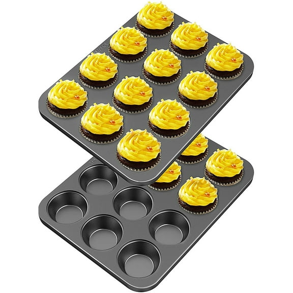 FZFLZDH 2 Pack Muffin Pan, 12-Cavity Bakeware Non-stick Cupcake Baking Pan Mini Pie Pans Heavy Duty Carbon Steel Muffin Tray Standard Baking Mold Pan for Oven Baking
