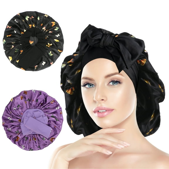 2Pack Satin Sleeping Bonnet, Large Satin Sleep Bonnet with Long Strap, Adjustable Sleep Cap Hair Bonnet for Women & Men, Black Purple