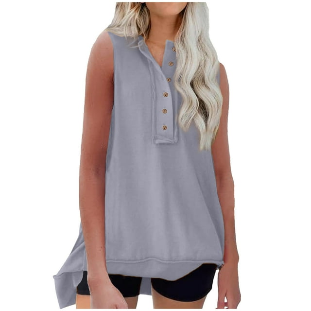 Timegard Oversized Tank Tops for Women Notched V-Neck Button Athletic Running Sleeveless Tops Blouse