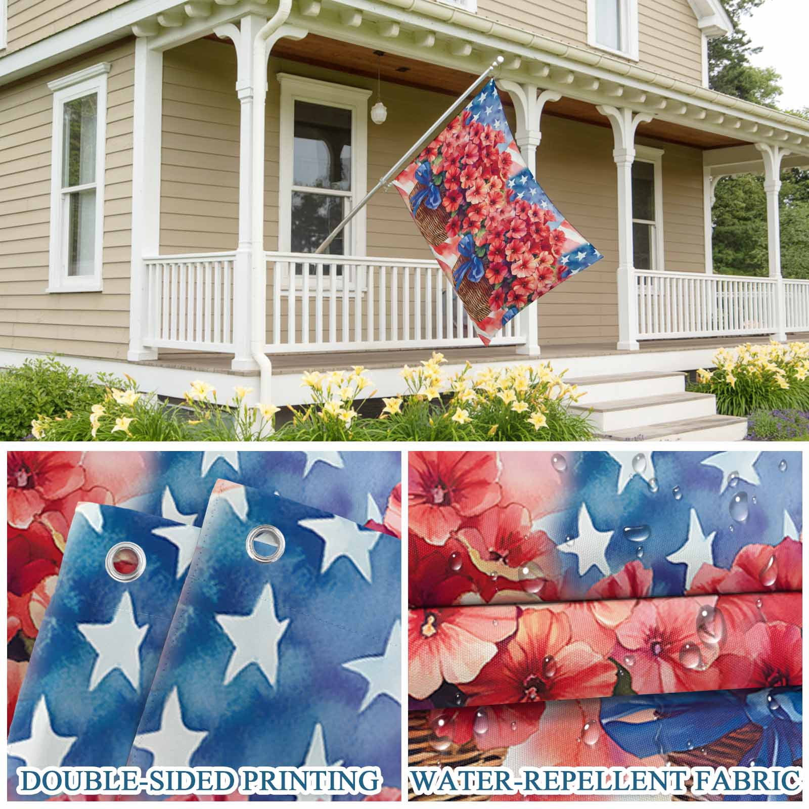 4th of July Flags for Outside 3x5 ft Poppy Bouquet Outdoor Flags Double Sided Grommets House Banner USA Flag Oil Painting Patio Yard Flag for Outdoor Party Porch Garden Independence Day Decor