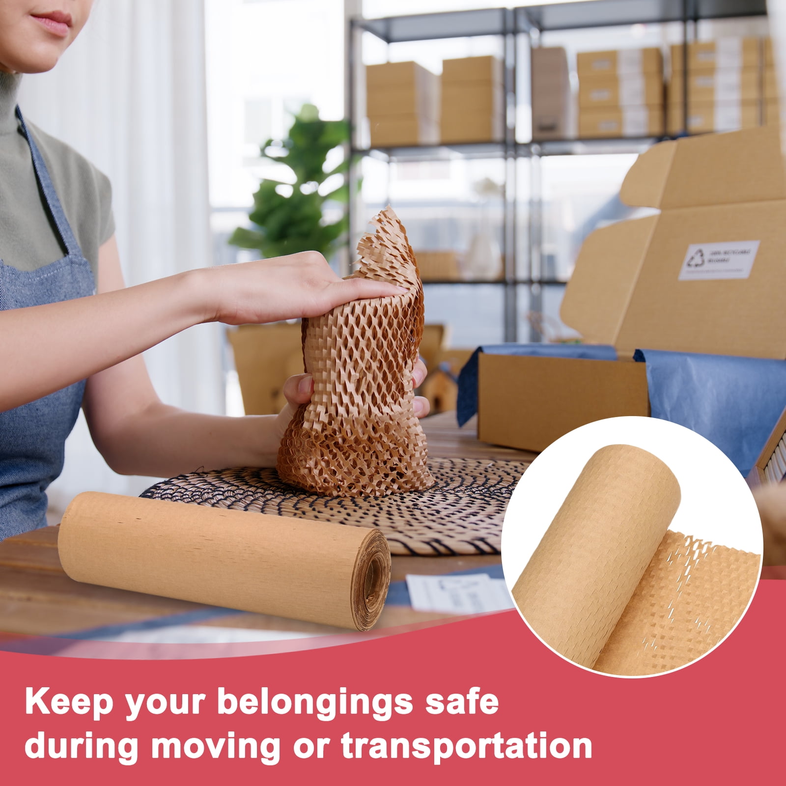 Uxcell Honeycombs Packing Paper Wrap, 12 Inch x 66 ft Wood Pulp Kraft Paper Bubble Pack Wrap Roll for Packing Shipping Moving, Cowhide