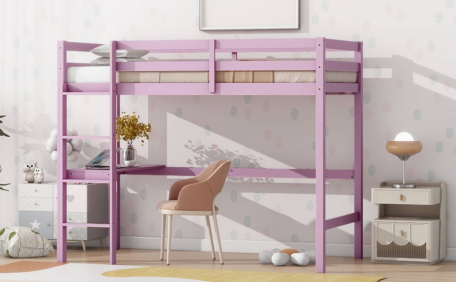Twin High Loft Bed, Rubber Wood Loft Bed With Safety Guardrail, Built-In Desk, Ladder, Pink