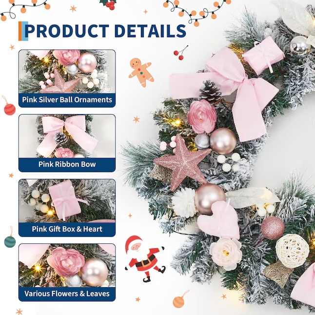 Guvpev 6FT Christmas Garland with Lights Holiday Accent Door Garland with Pink Bows Colorful Balls for Indoor Outdoor Gatherings Parties