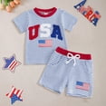 thumbnail image 2 of 2Pcs Baby Toddler Boy 4th of July Clothes 6 12 18 24 Months 2T 3T Lettered Flag Embroidery Striped Short Sleeves T-Shirt Elastic Shorts Outfits Set Kaprioy Suits for Boys, 2 of 4