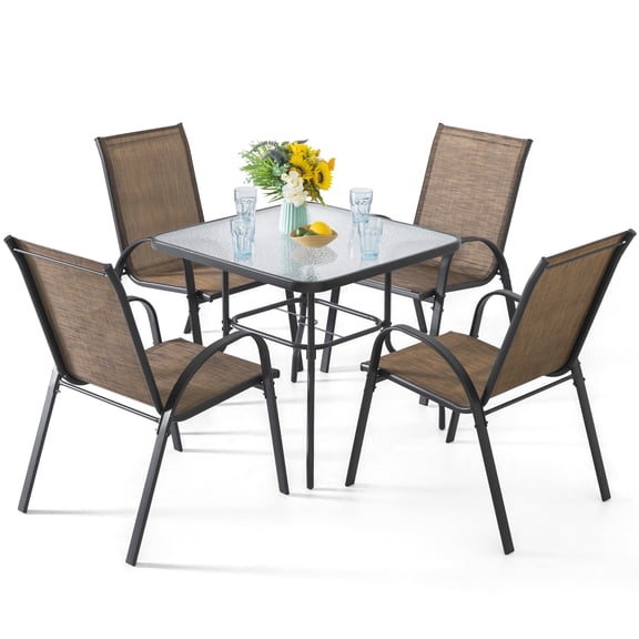 Nuu Garden 5 PCS Patio Dining Set, Metal Outdoor Table and Chairs, with 4 Stackable Chairs and 32ββ Square Table with Umbrella Hole, Outdoor Dining Set for Lawn, Balcony, Garden, Black and Brown