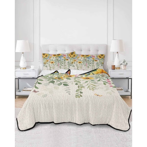 Quilts Twin XL Size, Sunflower Soft Comforter Bedding Set for Bed, Rustic Summer Botanical Eucalyptus Leaf Lightweight Quilted Bedspread with Pillow Cover(2 Pieces) for All Season, 68x98 Inch