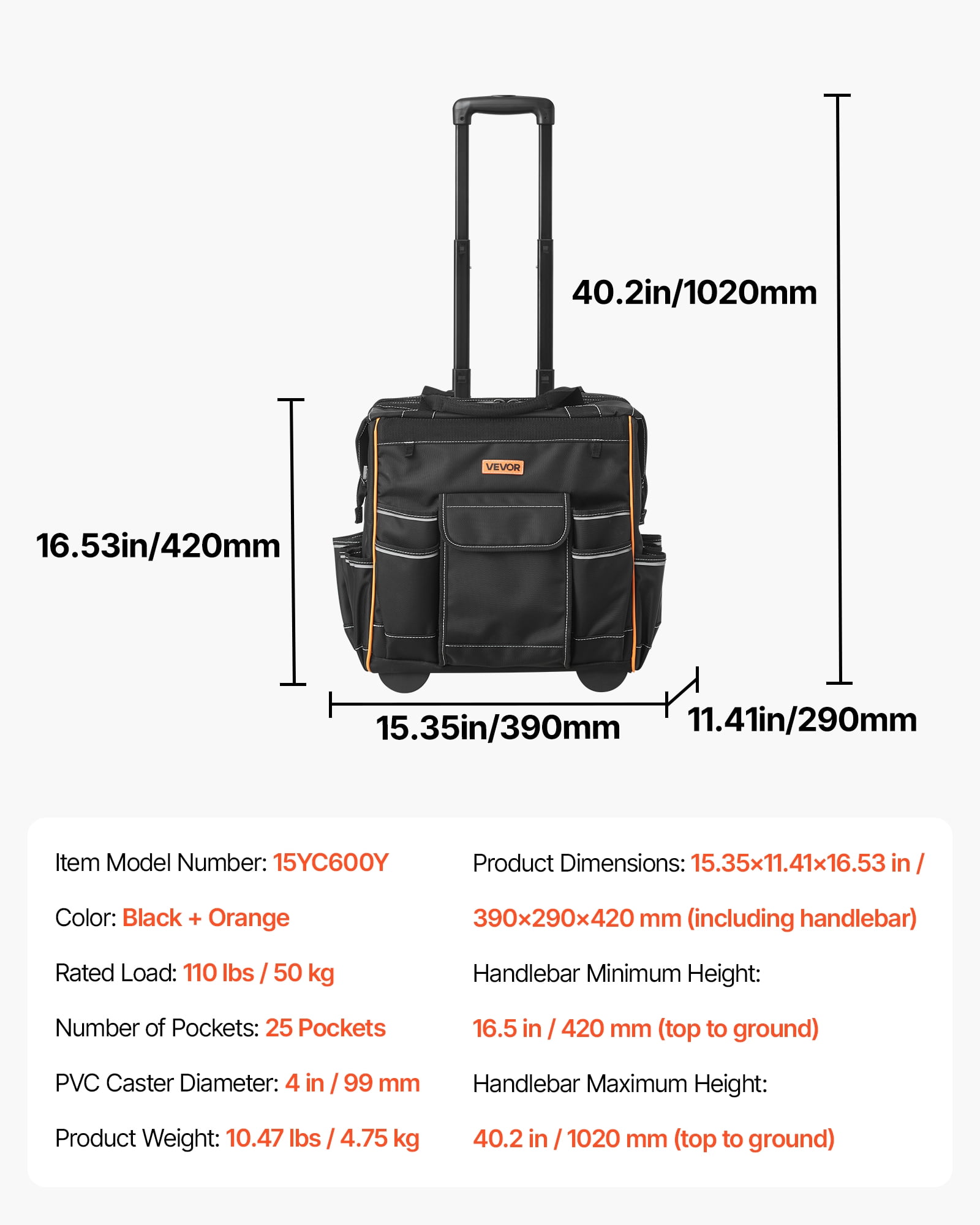 VEVOR Rolling Tool Bag, 110 lbs Load Capacity, 25 Pockets Heavy Duty Roller Tool Bag on Wheels, Adjustable Telescoping Handle & Stable Base, Toolbag Organizers with Wheels for Construction, Mechanic