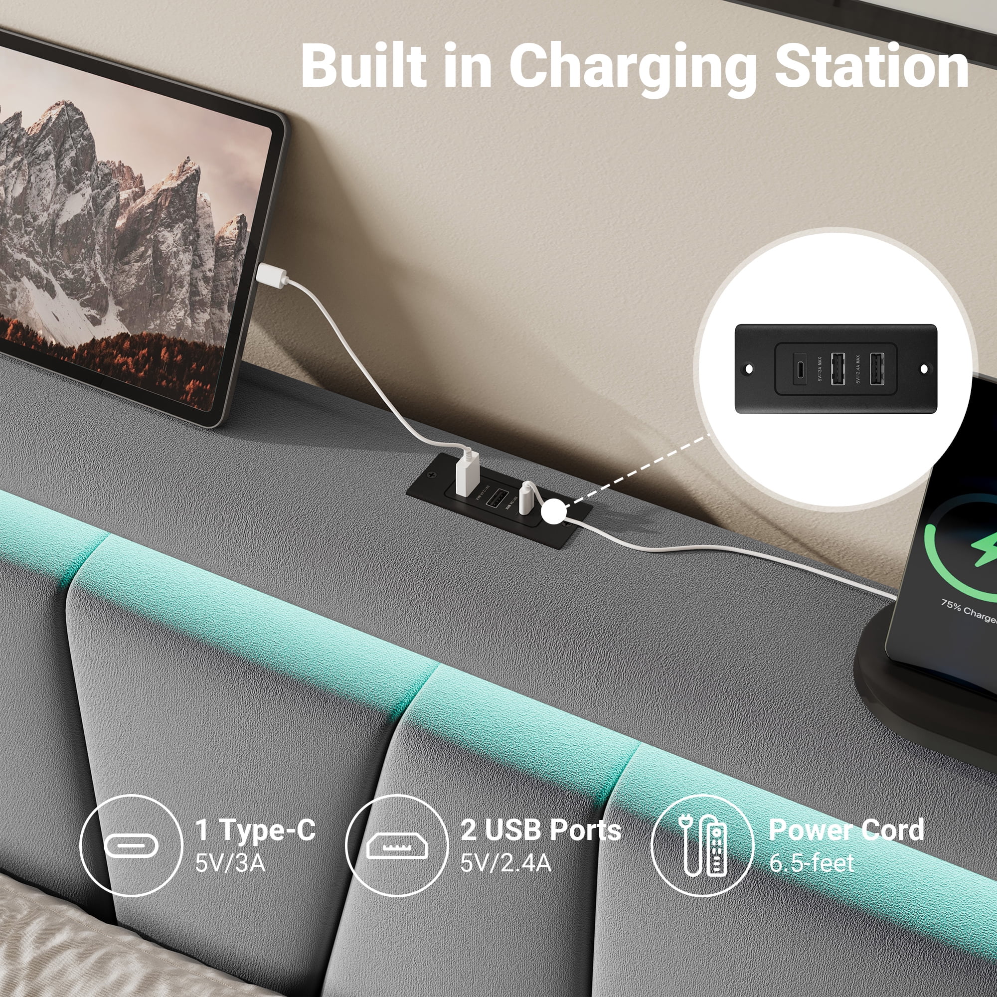 Allewie Queen Size LED Bed Frame with Charging Station, Velvet Upholstered Platform Bed with Geometric Wingback Headboard, Grey