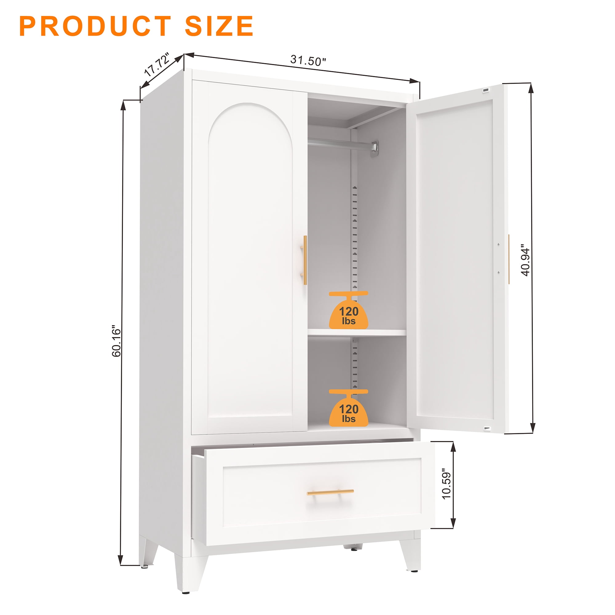 ShiKeyi 60" Tall Metal Wardrobe Cabinet with 1 Drawer and Hanging Rod, 2 Doors Wardrobe Closet with Shelf for Bedroom, Beige