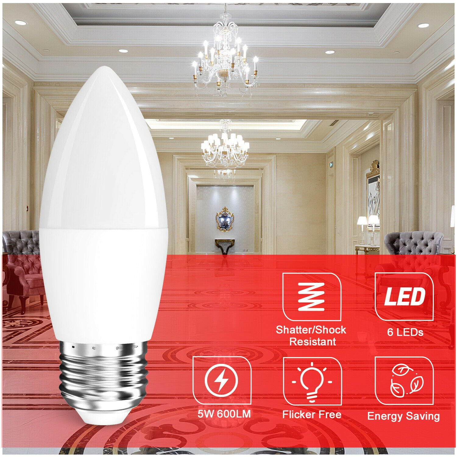 30W Equivalent LED Candelabra Bulb E26/E27 C37 5W 6000K Ceiling Fan Light Bulb 