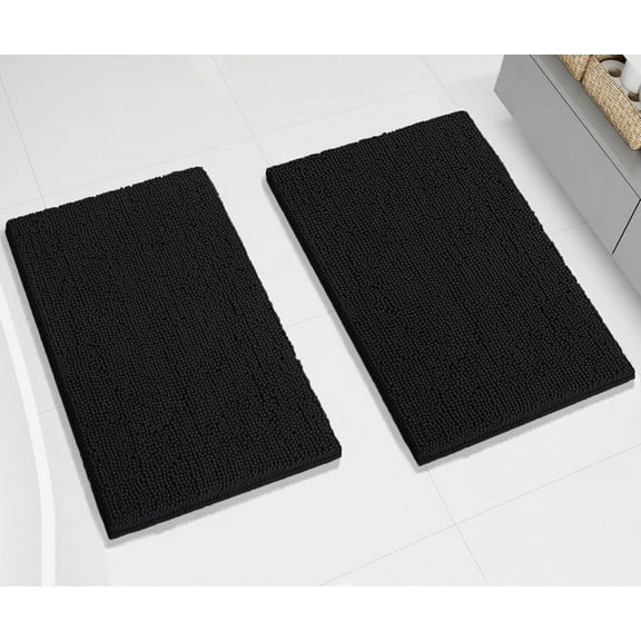2 Piece Set Black Soft Cozy Plush Chenille Bath Mat Bathroom Rug