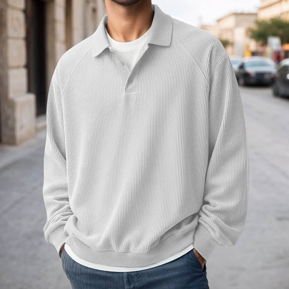 Long Sleeve Polo Shirts for Men Daily Loose Simple Corduroy Waffle Lapel Quarter Button Polo Shirt Casual Ribbed Stand Collar Tops with Pocket White XXXXL