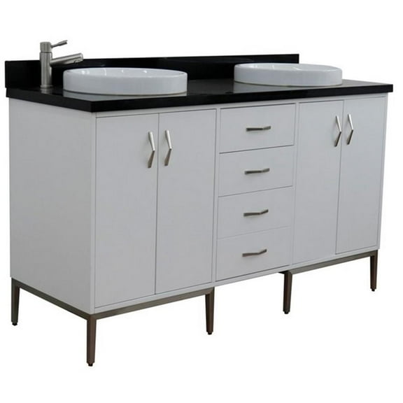 Tivoli 61" Double Round Sink Solid Wood Vanity in White/Black Galaxy