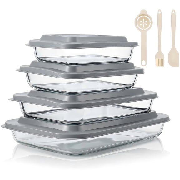 11 Pcs Deep Glass Baking Dish Set with Lids/Egg Separator/Brush/Spatula, Rectangular Glass Baking Pans Bakeware Set for Lasagna, Leftovers, Cooking, Freezer-to-Oven, Gray