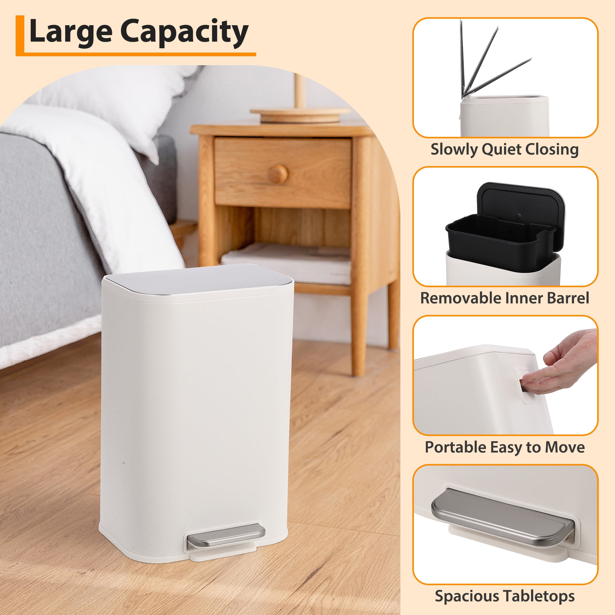 Kitchen Trash Can with Lid, Stainless Steel Garbage Can with Foot Pedal & Removable Inner Bucket, Rectangular Step On Waste Bin for Office Bedroom Living Room