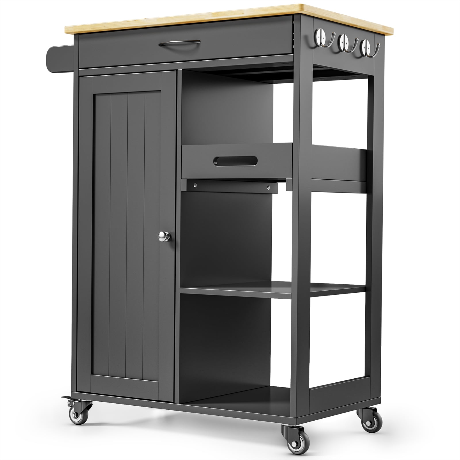 Kitchen Island Cart with Removable Tray, Lofka Kitchen Cart Microwave Cart with Drawer, Cabinet, Towel Rack, Hooks and 3 Open Storage Shelves, Black