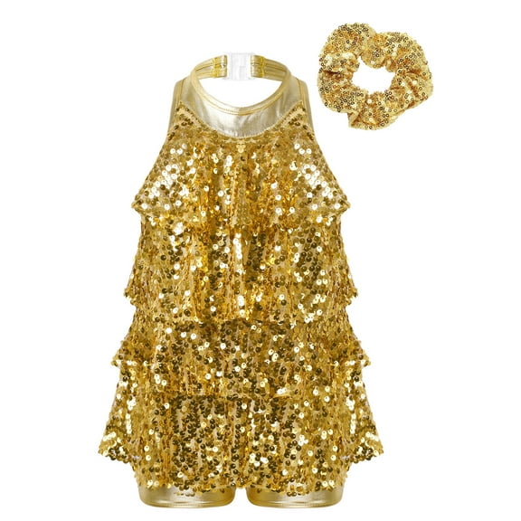 Venjoe Kids Girls Sparkly Sequin Dance Dress Leotard with Hair Bands Dancewear Set for Jazz Latin Gold 6
