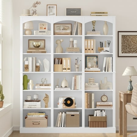 Homfa 18-Cube Bookcase and Bookshelves, 71.2" Triple Width 6 Tier Freestanding Arch Library Cabinet for Home Office Living Room, White Bark Texture