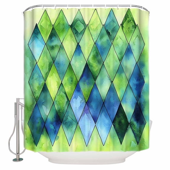 Abstract Ombre Green Blue Shower Curtain, 66" x 72", Geometric Art Waterproof Bathroom Curtain Washable Shower Curtain Set with 12 Hooks