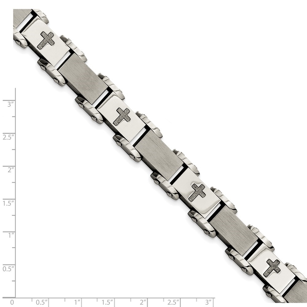 Diamond2Deal Stainless Steel Brushed Polished and Laser Cut Crosses Link Bracelet for Men 8.75"