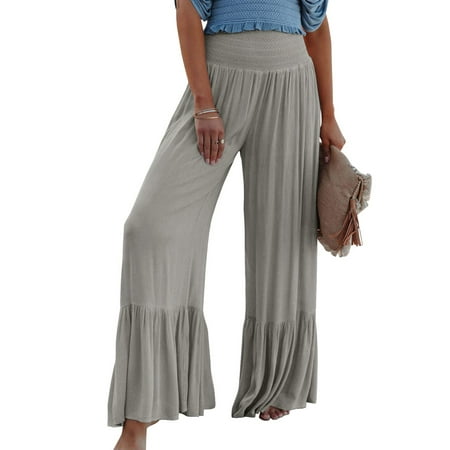 

Women s Wide Leg Palazzo Lounge Pants Elastic Waist Ruffle Flowy Trousers Solid Loose Comfy Casual Pajama Bottoms