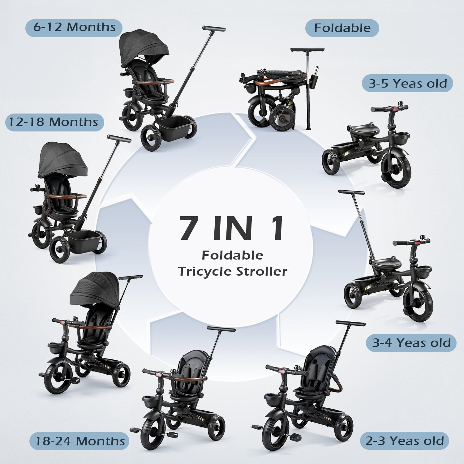 JoyStone 7 in 1 Foldable Tricycle Stroller for Toddler, Baby Tricycle with Adjustable Canopy, Parent Handle, Removable Pedals, Seat Belt and Storage Basket, Kids Bike for Ages 1-6 Boys & Girls, Black