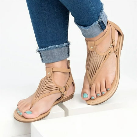 

HIBRO Women s Casual Rome Solid Hollow Out Open Toe Zipper Sandals Flat With Shoes