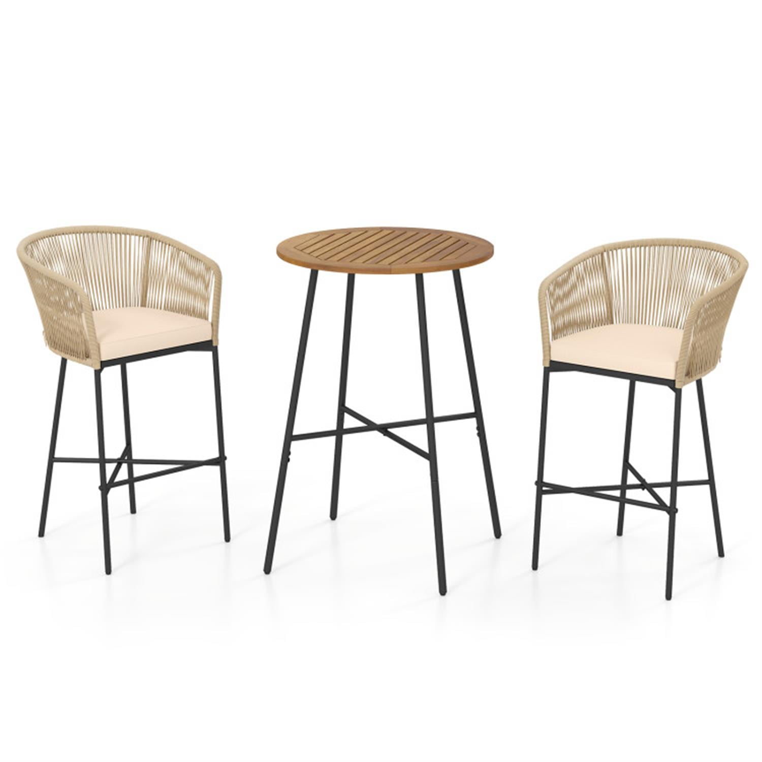 Demi Bonn 3 Pieces Rope Woven Patio Bar Set with Soft Cushions and Acacia Wood Tabletop, Outdoor Bistro Sets Accent Furniture for Yard, Garden, Beige