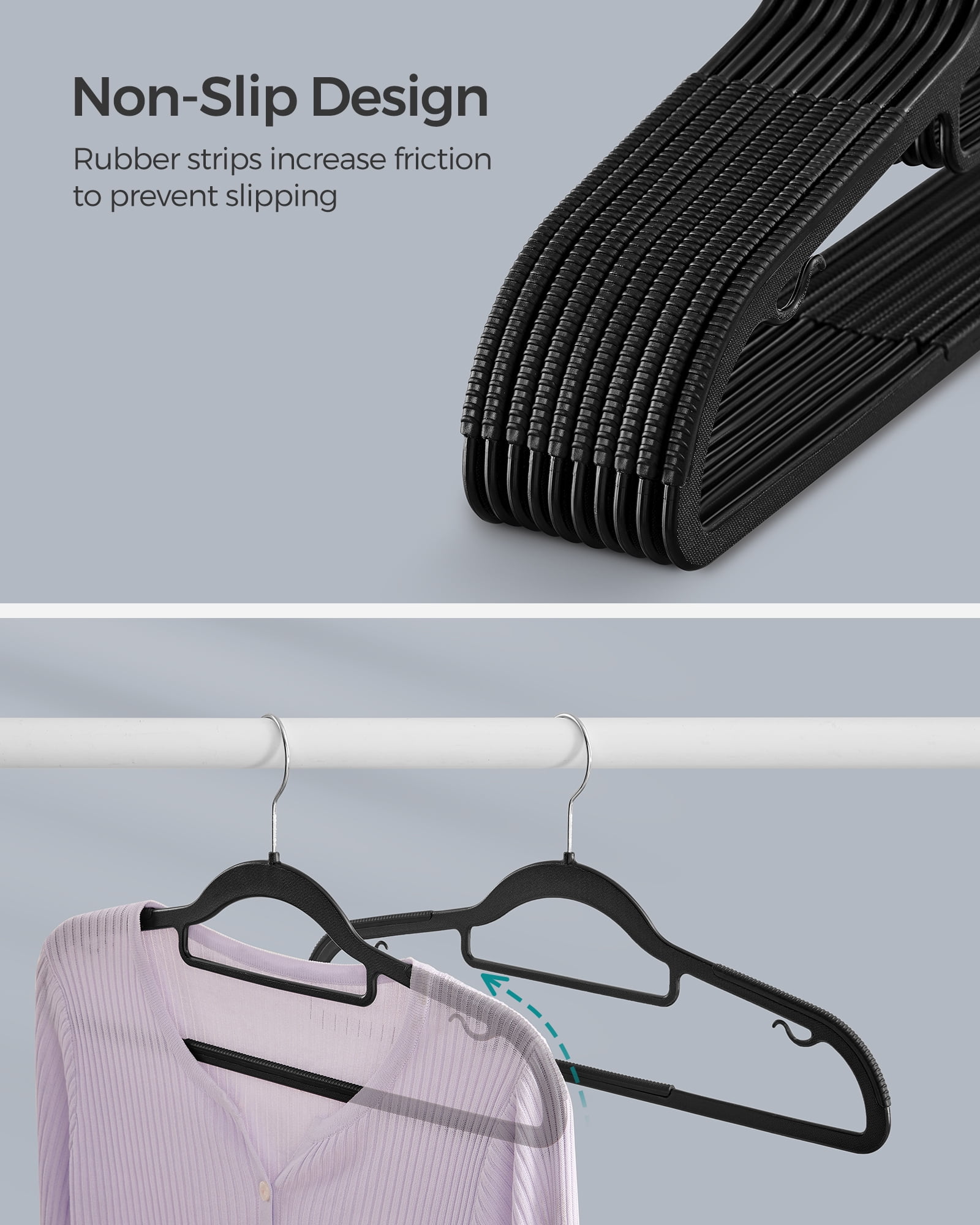 50 Pack Coat Hangers Non-Slip Clothes Hangers Space-Saving Plastic Hangers 360°Swivel Silver Hook Black