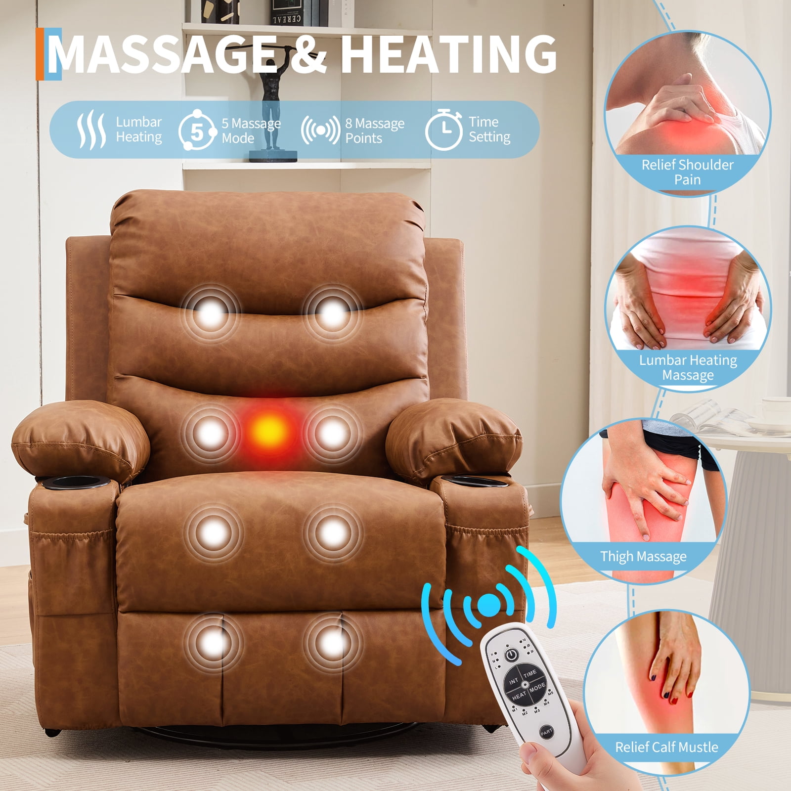 Oversized Recliner Chair for Living Room - Manual Rocking & 360° Swivel Glider - Massage & Heat - Cup Holder - Comfortable Accent Lounge Chair for Adults, Nursery, Bedroom