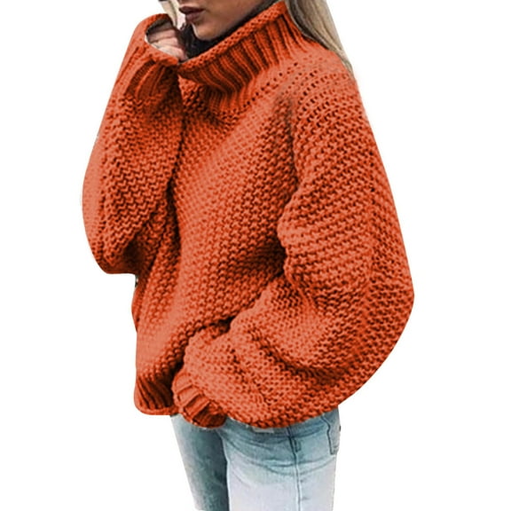 KaLI_store Vintage Sweater Womens Sweaters Long Sleeve Striped Color Block Turtleneck Pullover Sweater Knit Jumper Tops Orange,M