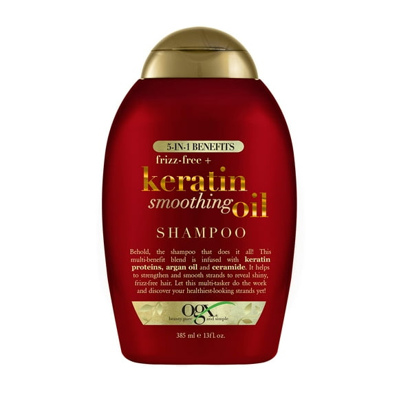 OGX Frizz-Free + Keratin Smoothing Oil Shampoo, 5 in 1 for Frizzy Hair, Shiny Hair, 13 Fl Oz